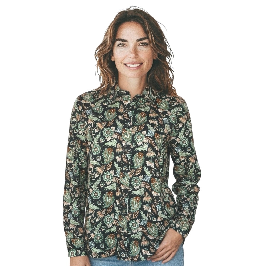 The Shirt Long-Sleeve Button Down Shirt Muticolor Green Botanical Paisley-Small